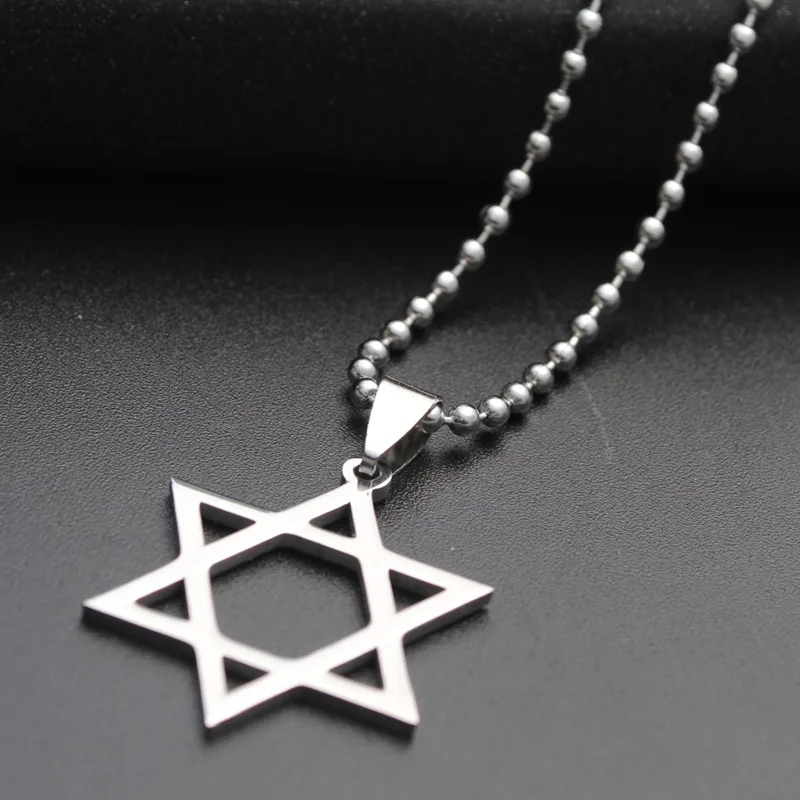 Trendy Silver tone Stainless Steel Jewish Star of David Charm Pendant Necklace With 50cm Chain For Men Women Wholesale Jewelry