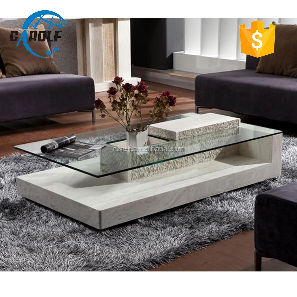Rectangle White Travertine Marble Coffee Table with Glass