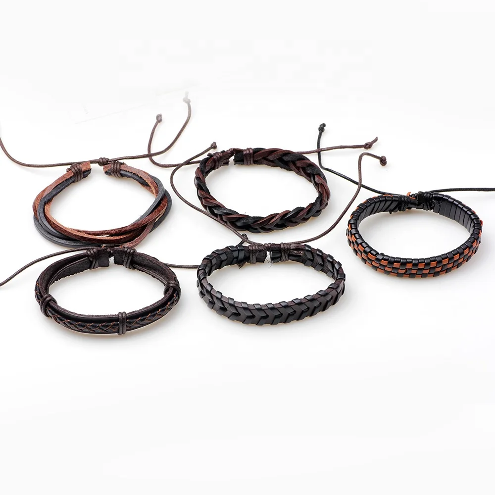 Vintage Stretch Wax Rope Braided Adjustable Mens 5 PCS Set Multilayer  Leather Bracelets & Bangles