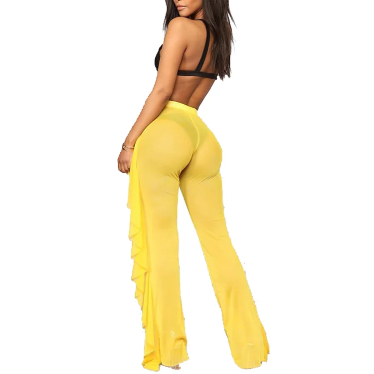 LDDRESS New Sexy Ruffle Women Beach Mesh Pants Sheer Wide Leg Pants Transparent Long Beach Cover Up Bikini Trousers