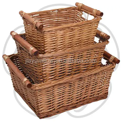 Set of 3 Willow Wicker Storage Baskets with Wooden Handles Home Office Laundry Hamper Basket