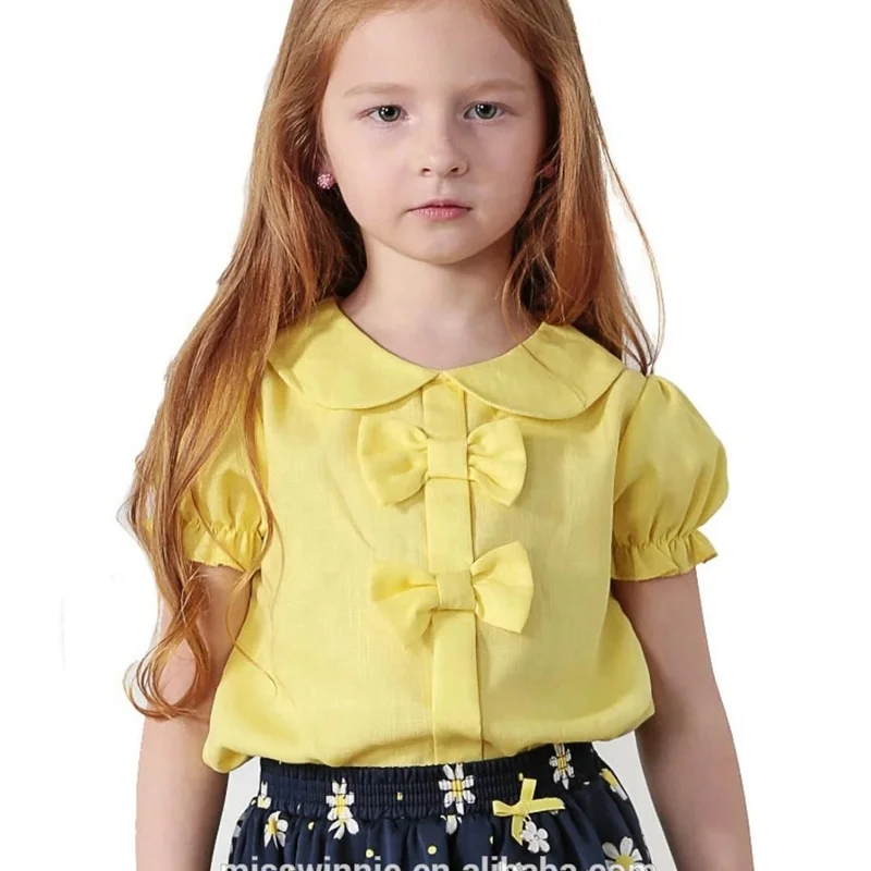 
Summer new fashion beige plain cotton short sleeve ruffle girls blouse kids shirt 
