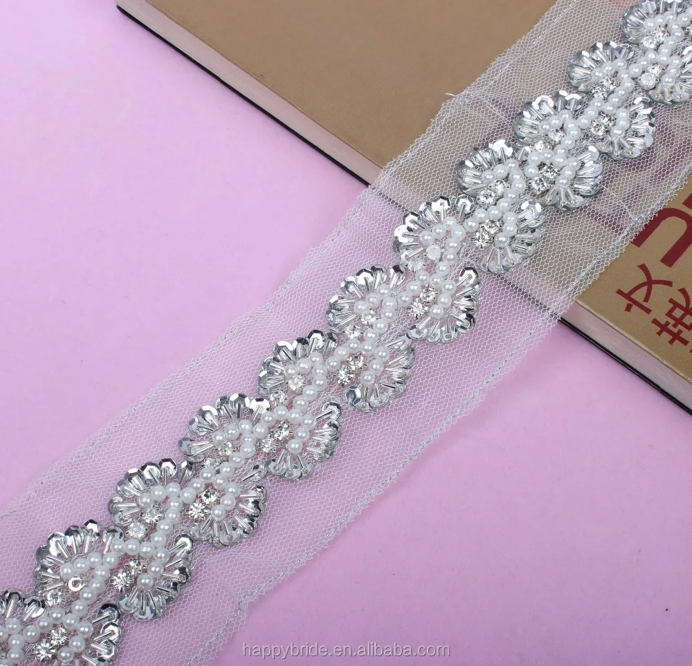 Lace Imitation pearl Beaded Trim with Sequins Handmade LO10012