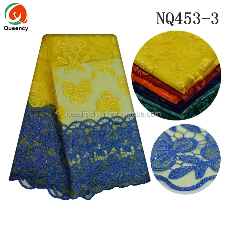 NQ453 Queency Custom African Bridal Embellished French Lace Fabric Tulle Wholesale with Pearls Beads and Stones