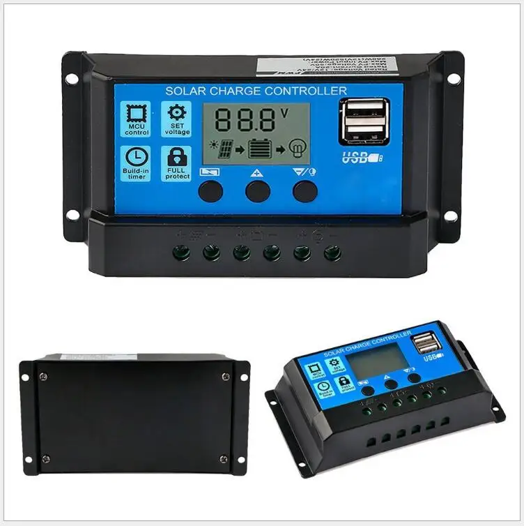 60A/50A/40A/30A/20A/10A 12V 24V Auto Solar Charge Controller PWM With LCD Dual USB 5V Output Solar Cell Panel Regulator PV Home