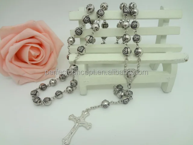 Wholesale Catholic cross pendant Silver color rose bead chain Rosary necklace