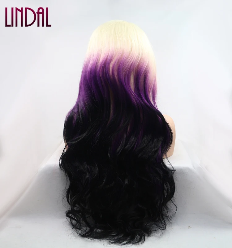 Platinum Blonde Ombre Purple Synthetic Lace Front Wig for Black Women Long Wavy Wigs Heat Resistant Fiber Hair