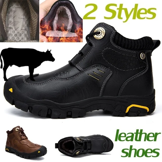 Мужские Теплые ботильоны из воловьей кожи, коричневые ботинки с плюшевой подкладкой, Рабочая обувь для снега, уличные ботинки для снега, зима 2019