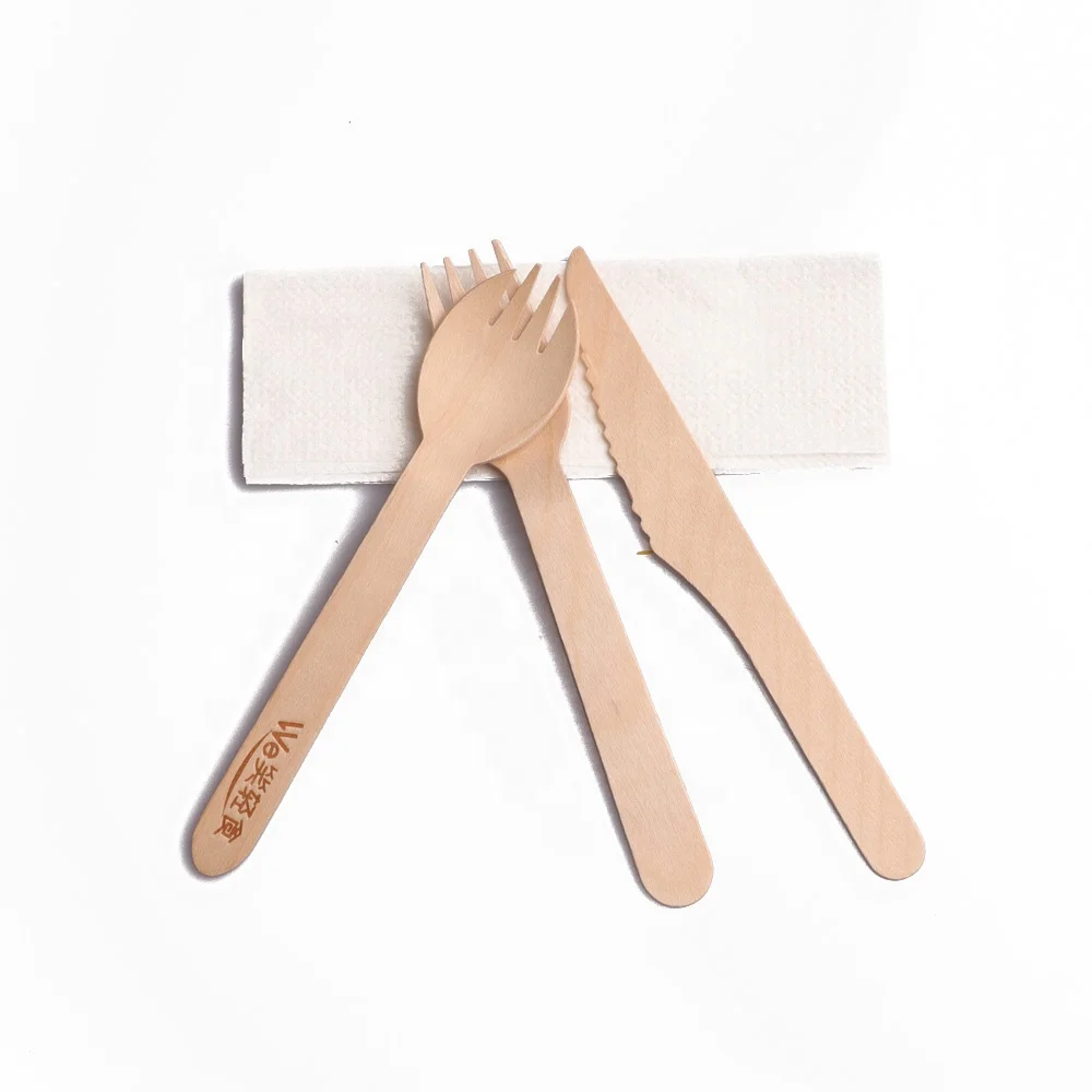 Individual Plastic Bag Packing Wooden Spork Fork Knife Set