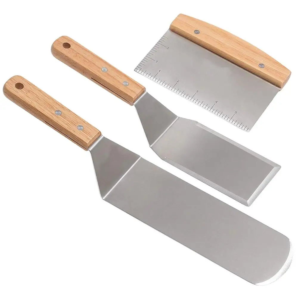 Stainless Steel Metal Spatula Set - Teppaniyaki Spatlas - Griddle Scraper Flat Spatula Pancake Flipper Hamburger Turner