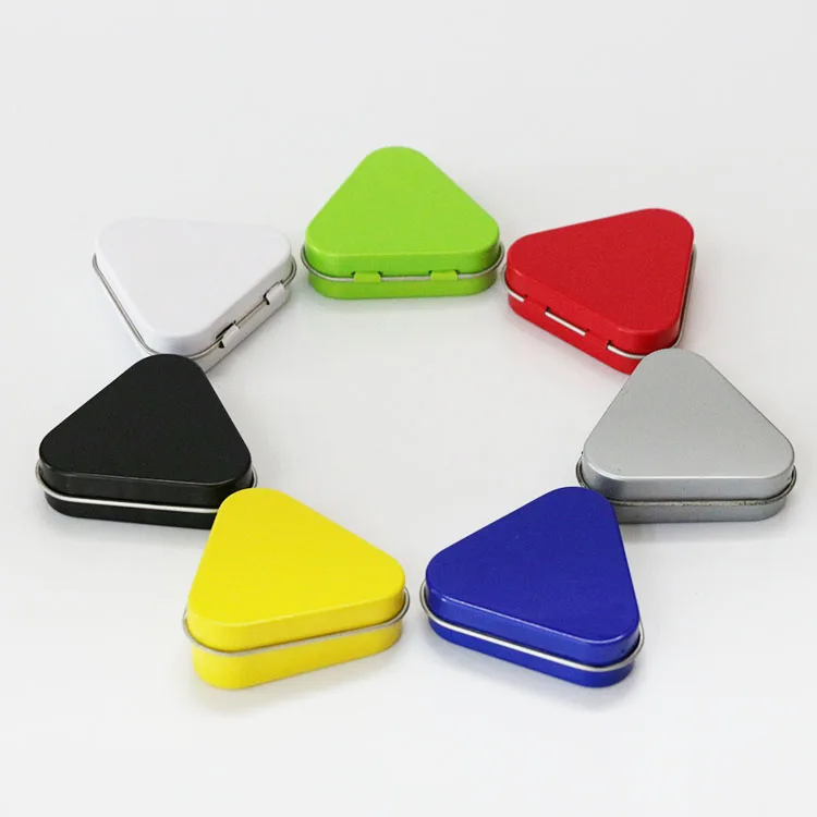 First class food safe small candy mint tin box with hinged lid in triangle shape