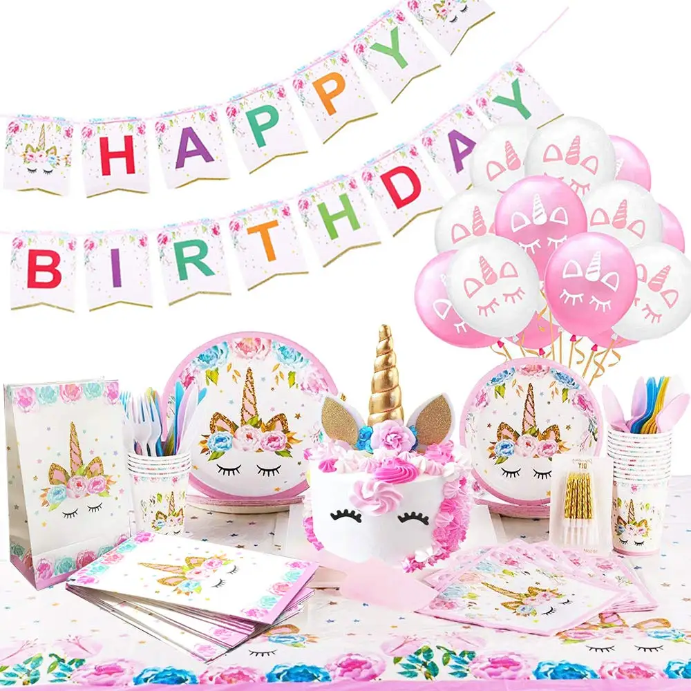 
Unicorn Party Supplies Unicorn Birthday Party Decorations with Birthday Banner Unicorn Balloons Cake Topper Cake Cutter Candles 