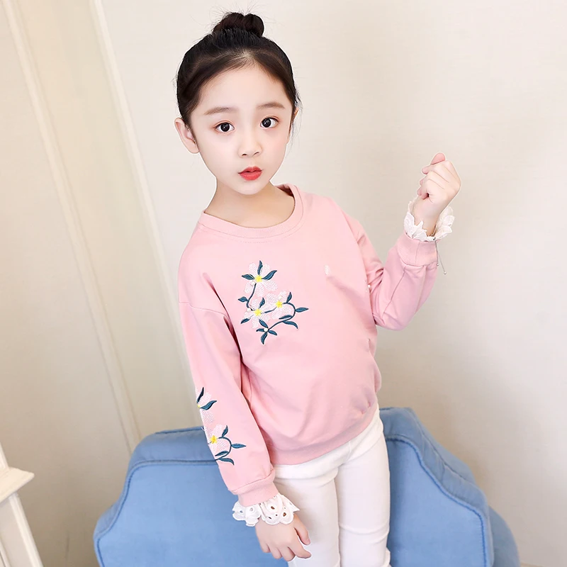 
Children clothing cotton fabric embroidered pearl lace ruffles pullover hoodie 