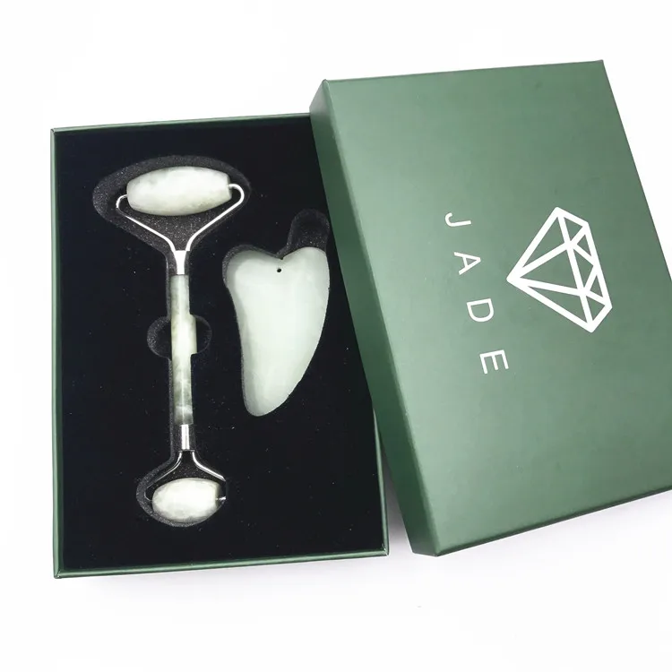 Jade Roller and Gua Sha Scraping Massage Tool Anti-aging 100% Natural Facial Jade Stone Set - Face Eye Neck Beauty Roller