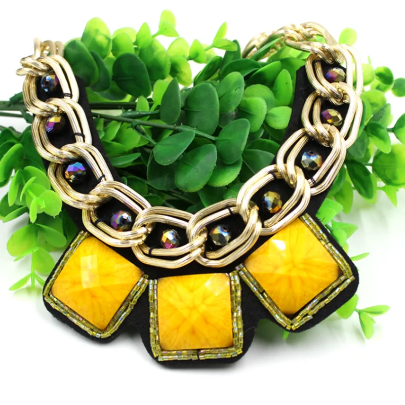 Wholesale Price Turquoise Chunky Thick Chain Gold Plated Necklaces Coloful Reinstone Necklace Set