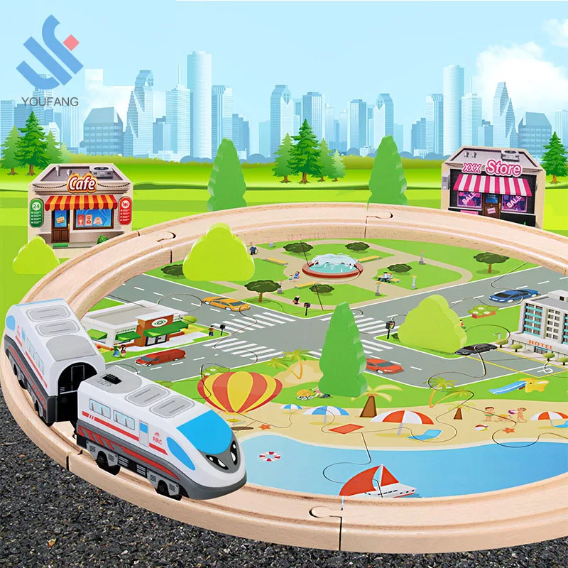 YF-Z2005 hottest educational 29PCS DIY urban rail traffic scene combined train set wooden train railway toy for kids