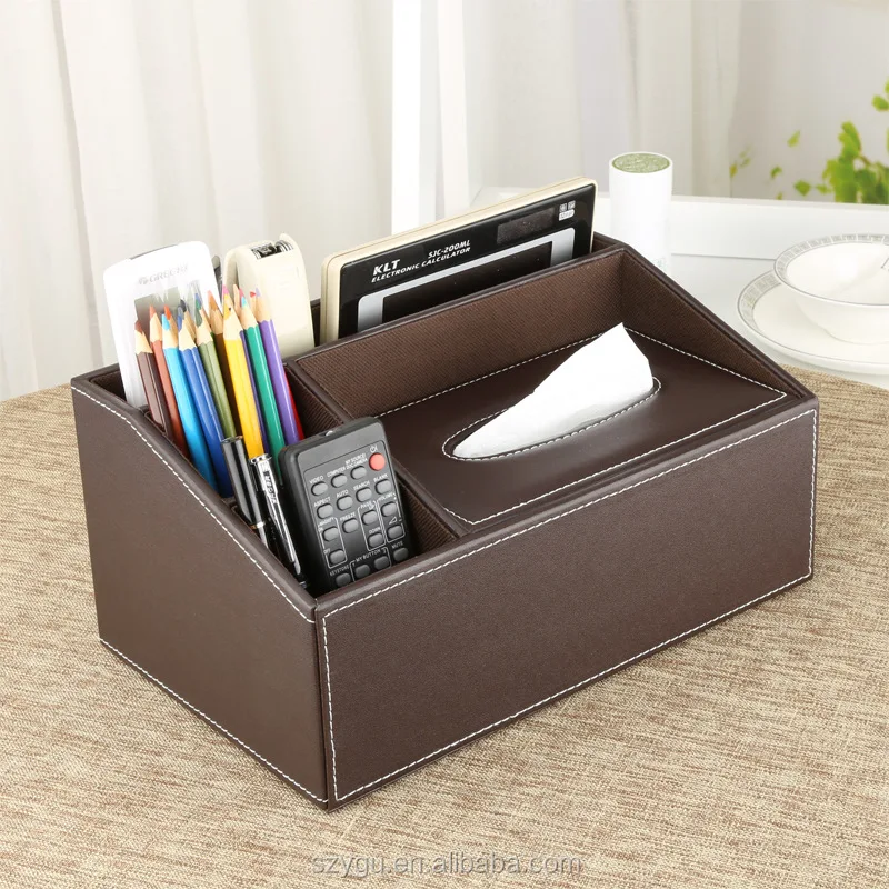China Factory Pu Leather Tissue Box With Multifunction Remote Pen Holder