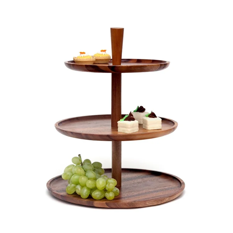 Home Decor 3 Tier Tiered Fruit Platter Food Serving Acacia Wood Round Wooden Fruit Tray