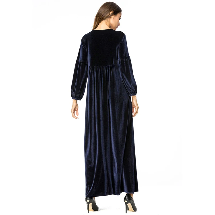Hot sale dark blue long sleeve islamic velvet maxi dress winter clothes for muslim women abaya