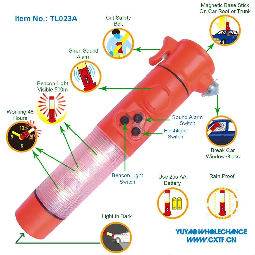
Multifunctional Siren Sound Alarm Car Emergency Hammer for Glass Breaking with Beacon Light 