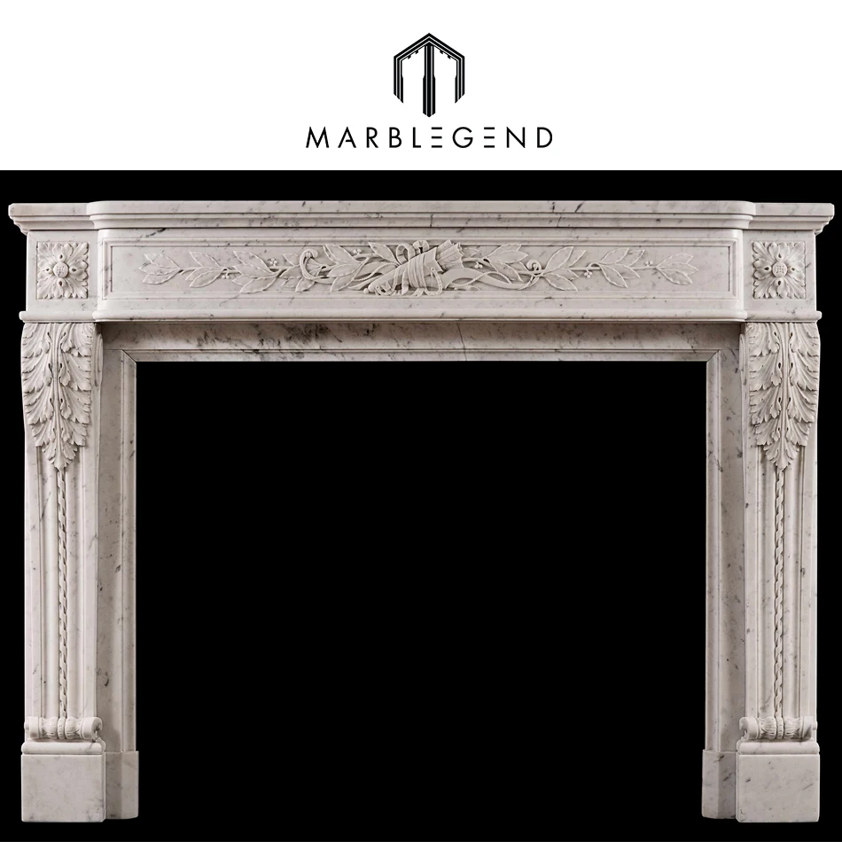 European Style Bianco Carrera Hand Carved White Marble Fireplace Mantel