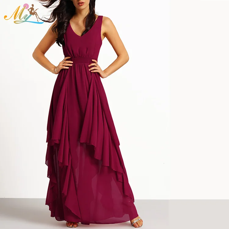 Summer sexy backless V-Neckline Ruffle Chiffon long evening party Dress for women