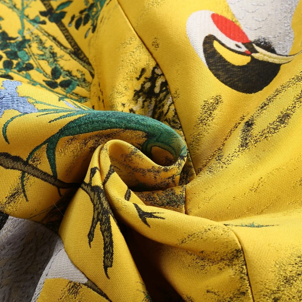 
Mens Fashion Shawl Lapel Jacquard Red-crowned Crane Blazer Gold Yellow Party Singers Costume Wedding Groom Suit Jacket 