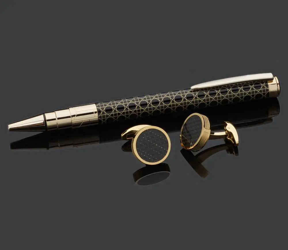 
Graceful Geometric Line Design Metal Pen and Carbon Fiber Cufflinks Business Set 