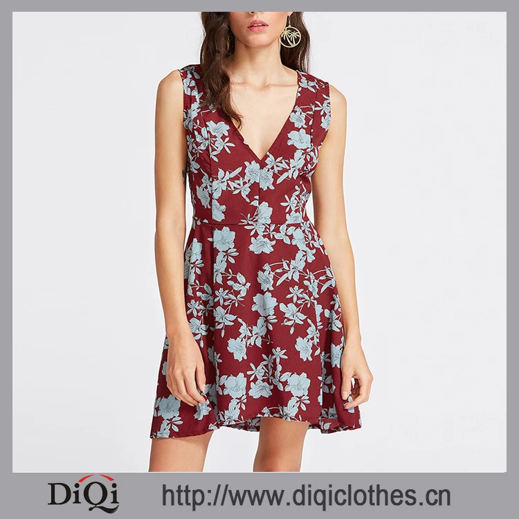 
New Fashion Cutting Women Dresses OEM Skater Burgundy Sleeveless Floral Print V Neck Short Chiffon Dress 