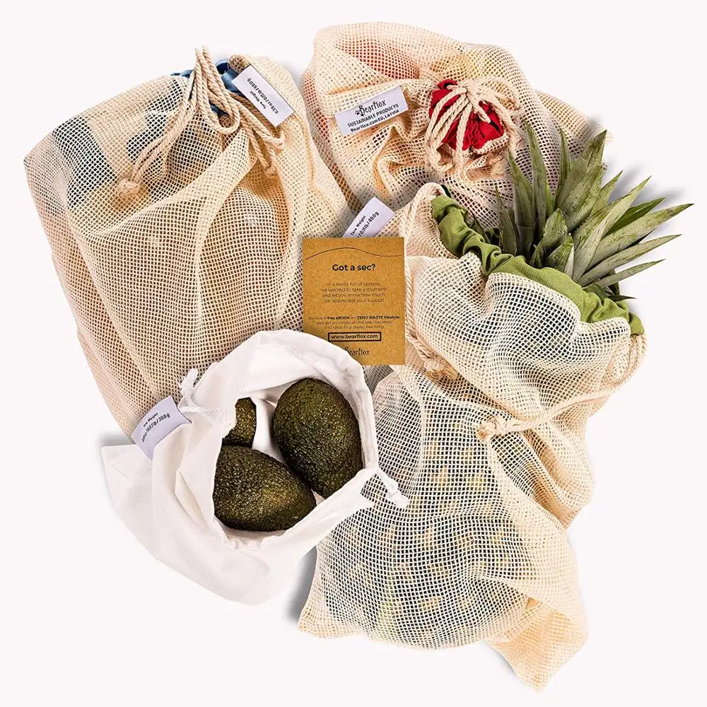 Оптовая продажа, экологически чистые многоразовые сетчатые продуктовые сумки из 100% натурального хлопка со шнурком, экологически чистые продуктовые сумки