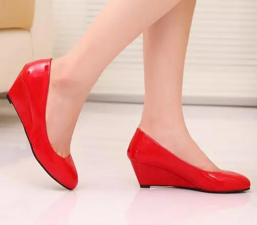 2015 Latest design korean style candy color women shoes round toe high wedge heel fancy formal ladies work shoes
