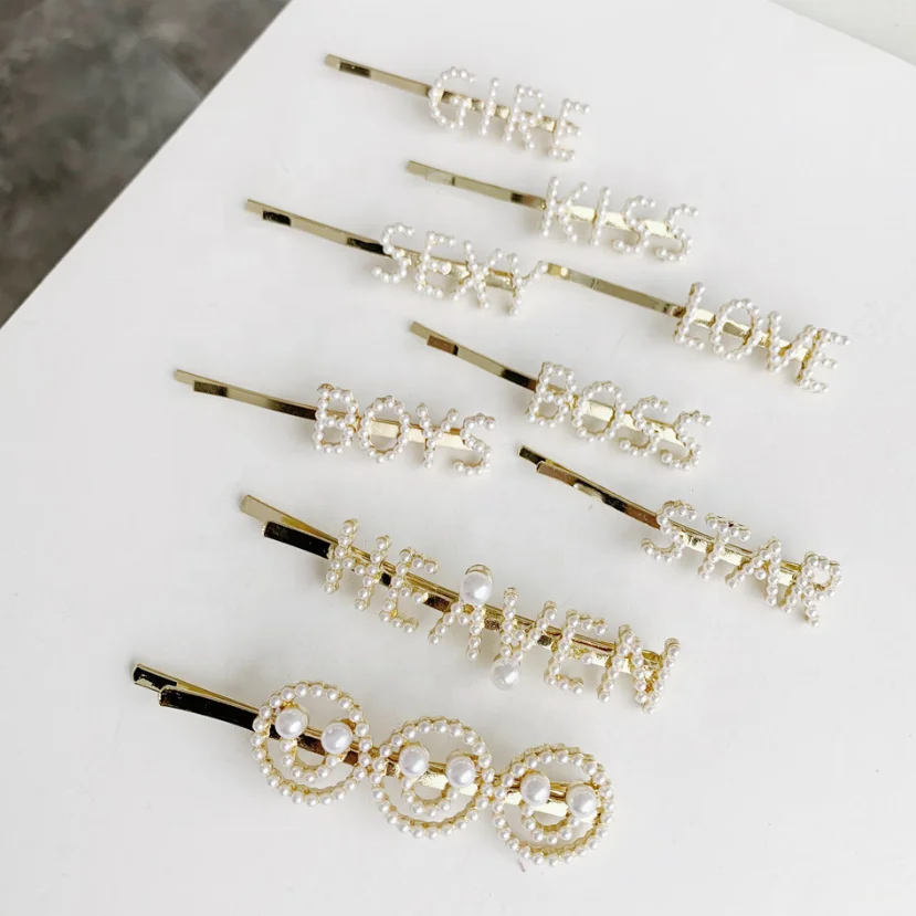 Hot Korean ins pearl hair pin letter hairpin in golden customized letters acceptable