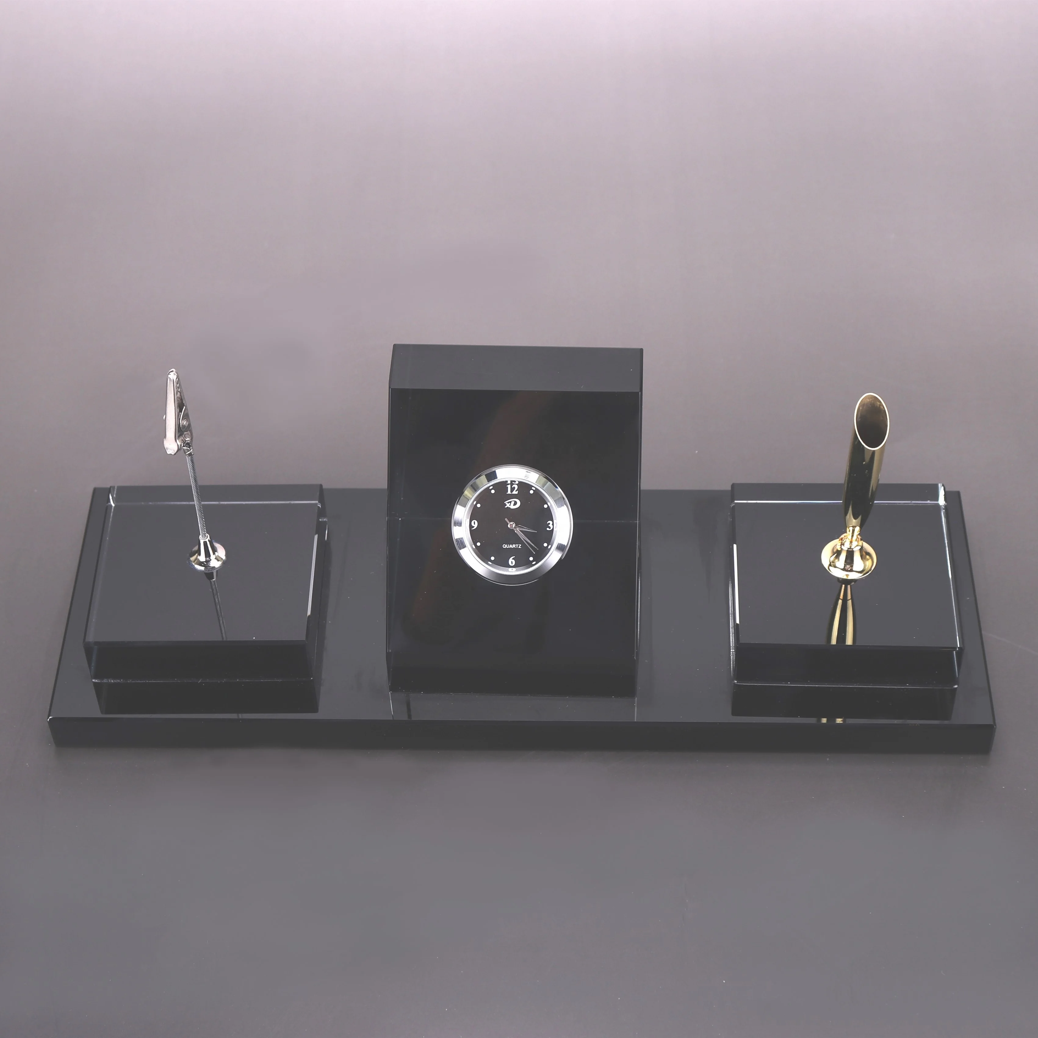 New Design Black Crystal Office Stationery Set With Clock/Pen holder For Table Decoration