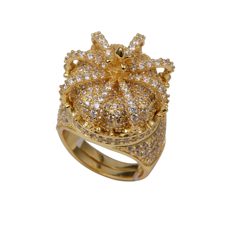 14K Gold 3D Iced Out Crown Diamond Ring For Man
