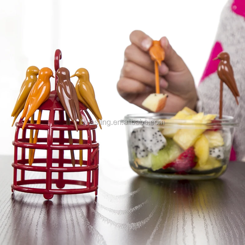 Latest Design and Colorful Bird Cage Holder Bird Shaped Plastic Fruit Fork