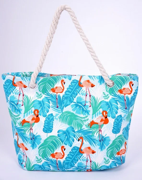 Women Rope Handle Canvas Beach Bag Flamingo