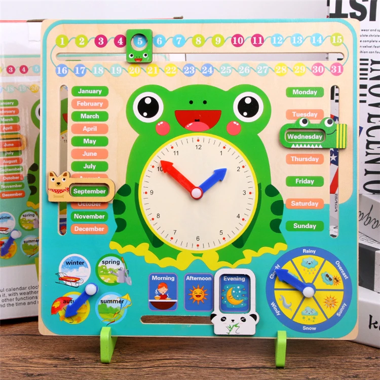 
Wood material Multifunctional calendar clock toy with 7 parts for kids preschool education 