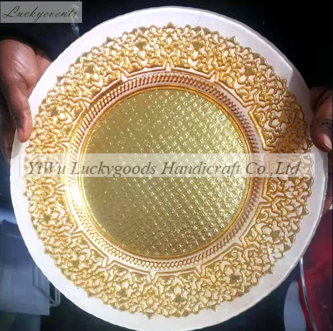 Luckygoods LCK200 gold rim pearl white color charger plates wedding  bulk dinner plates