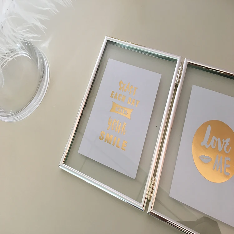 
Customized 2 Openings Transparent Glass Metal Folding Hinged Desktop Table Picture Photo Frame 