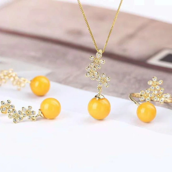 Gemstone Jewelry Manufacturer Wholesale New Design Trendy 925 Sterling Silver Natural Yellow Amber Jewelry Set Women
