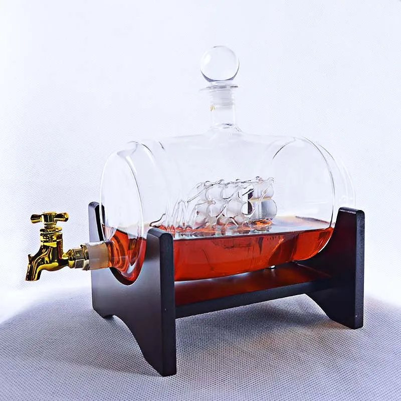 1000ML Dispenser for Liquor High Borosilicate Glass Barrel Decanter with Wood Stand