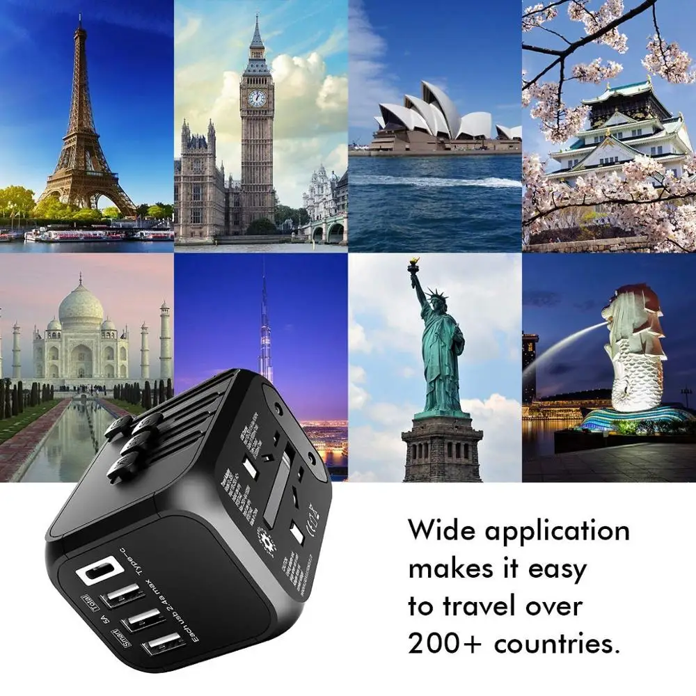 
Licheers Universal Travel Adapter USB Type-c Wall Charger Us Eu Uk Australia with Dual Fuse 5A Smart Power USB and 3.0A Black 