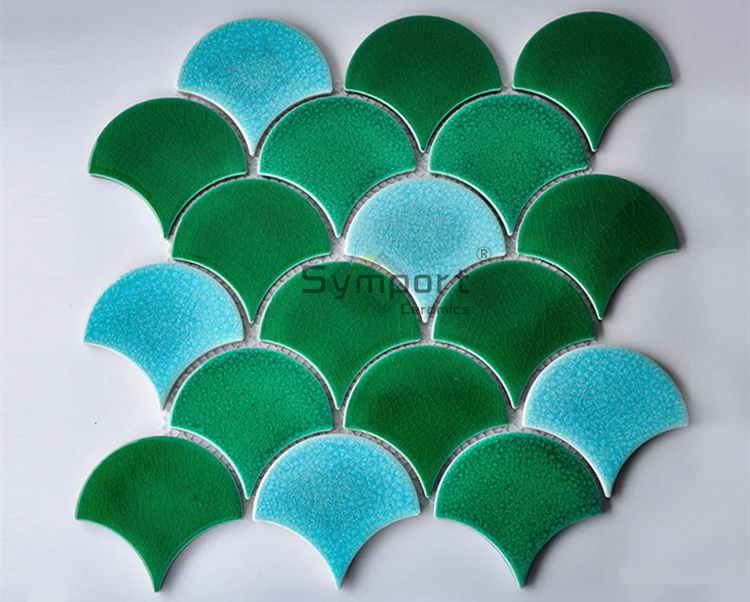 Blue Color Fish Scale Mosaic Ogee Drop Ceramic Fan Tile