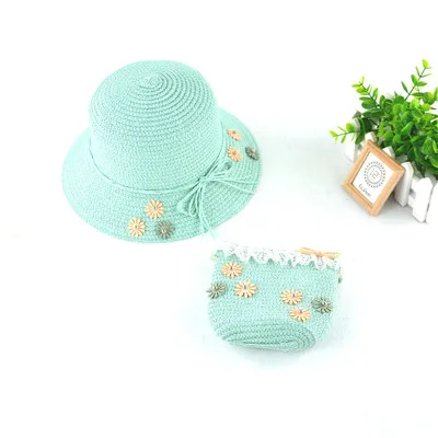 D1100 Mom and Baby Hat Summer Beach Visor Hat Bowknot Straw Hats with Bag