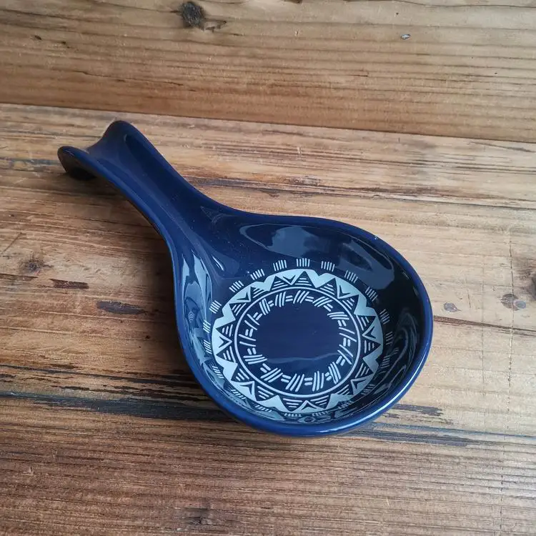 
European blue color with decal ceramic spoon rest kitchen ware hotel stoneware spoon holder 
