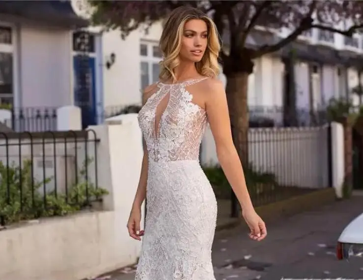 Sleeveless Sexy Wedding Gown Robe de mariage 2021 Transparent Open Back Mermaid Bridal Gowns Lace Custom Wedding Dresses
