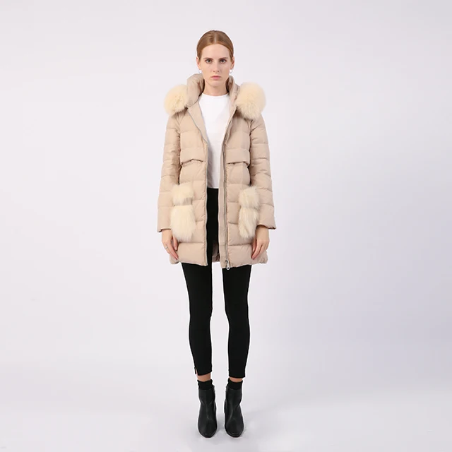 Real Fur Beige Duck Down Jacket Women Fashion Big Fur Pocket Winter Quilted Coat