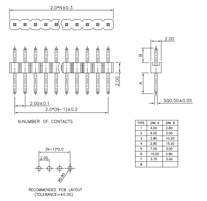 
2.0mm straight male pin header samtec replacement 
