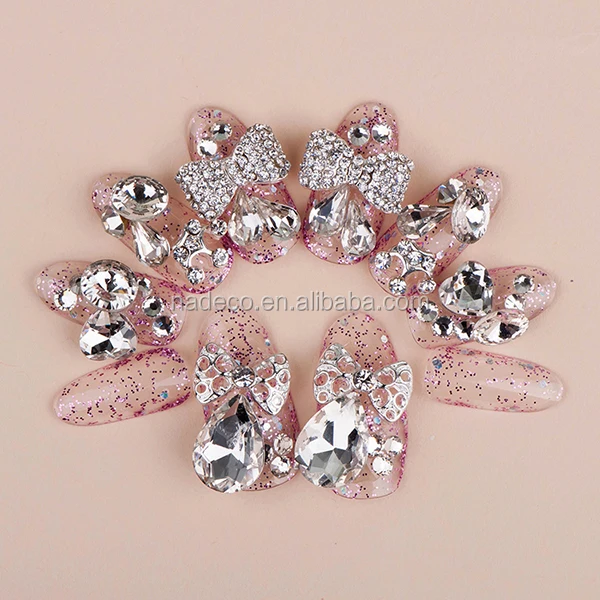 Nadeco Pink Rhinestone Abs Material Artificial Jewelry Wedding False Finger Nail Tips
