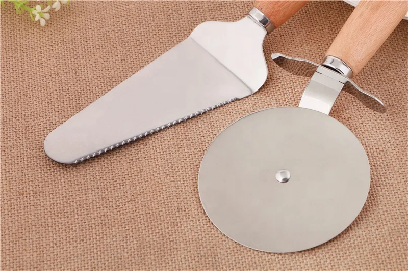 PIZZA CUTTER WOOD HANDLE CAKE KNIFE STAINLESS PIZZA WHEEL
